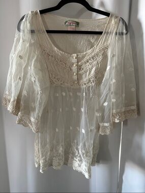 Boho Lace-Trim Sheer Peasant Top - Ivory